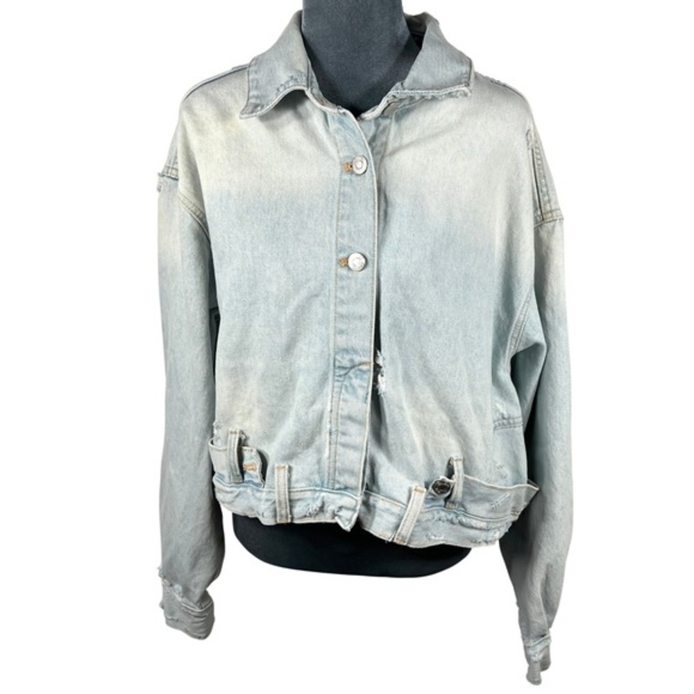 Zara TRF Ripped Denim‎ Jacket M Light Distressed Oversized Jean Waistband Y2K